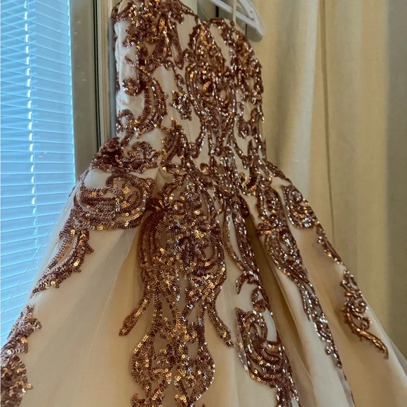 Dancing Queen Sequin Embellished Girls Dress in Cream and Rose Gold